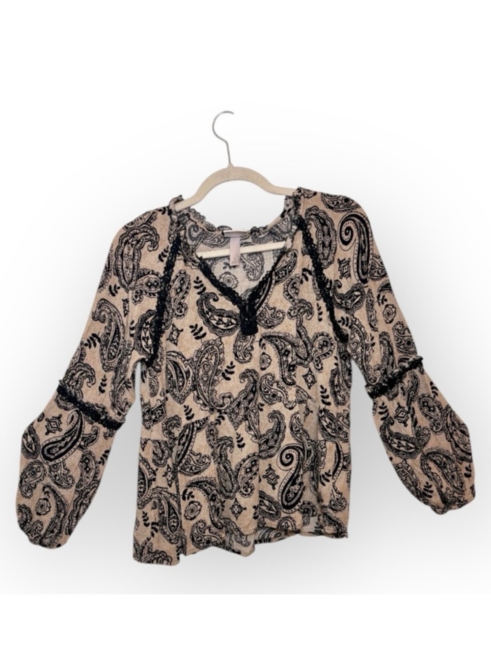 Knox Rose Beige Black Paisley Romantic Bohemian Peasant Blouse Large
